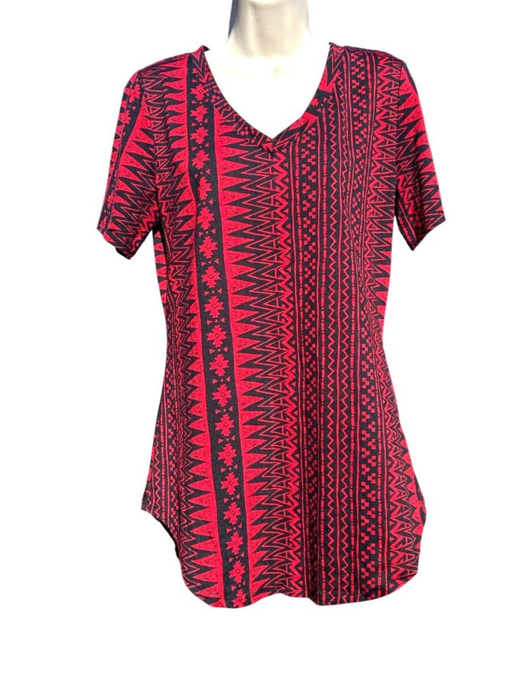 LuLaRoe XXS Red Black Christy T Aztec Geometric V Neck Boho Tunic Stretch Top